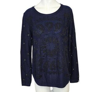 Desigual Womens Paisley Knit Embellished Long Sleeve Sweater, Blue, Black Size M